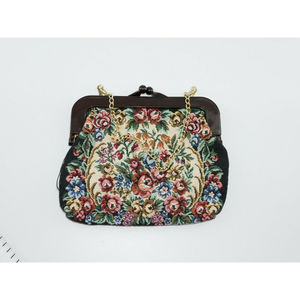 Vintage Fine Arts Bag Lucite Handle Tapestry Clutch with Gold Tone Chain Floral